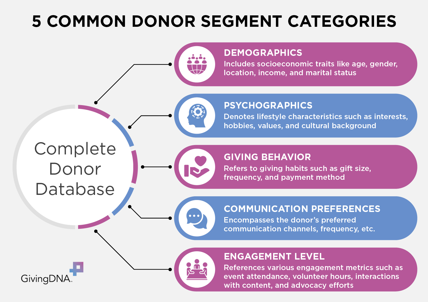 These are five categories used for donor segmentation with examples (detailed in text below).