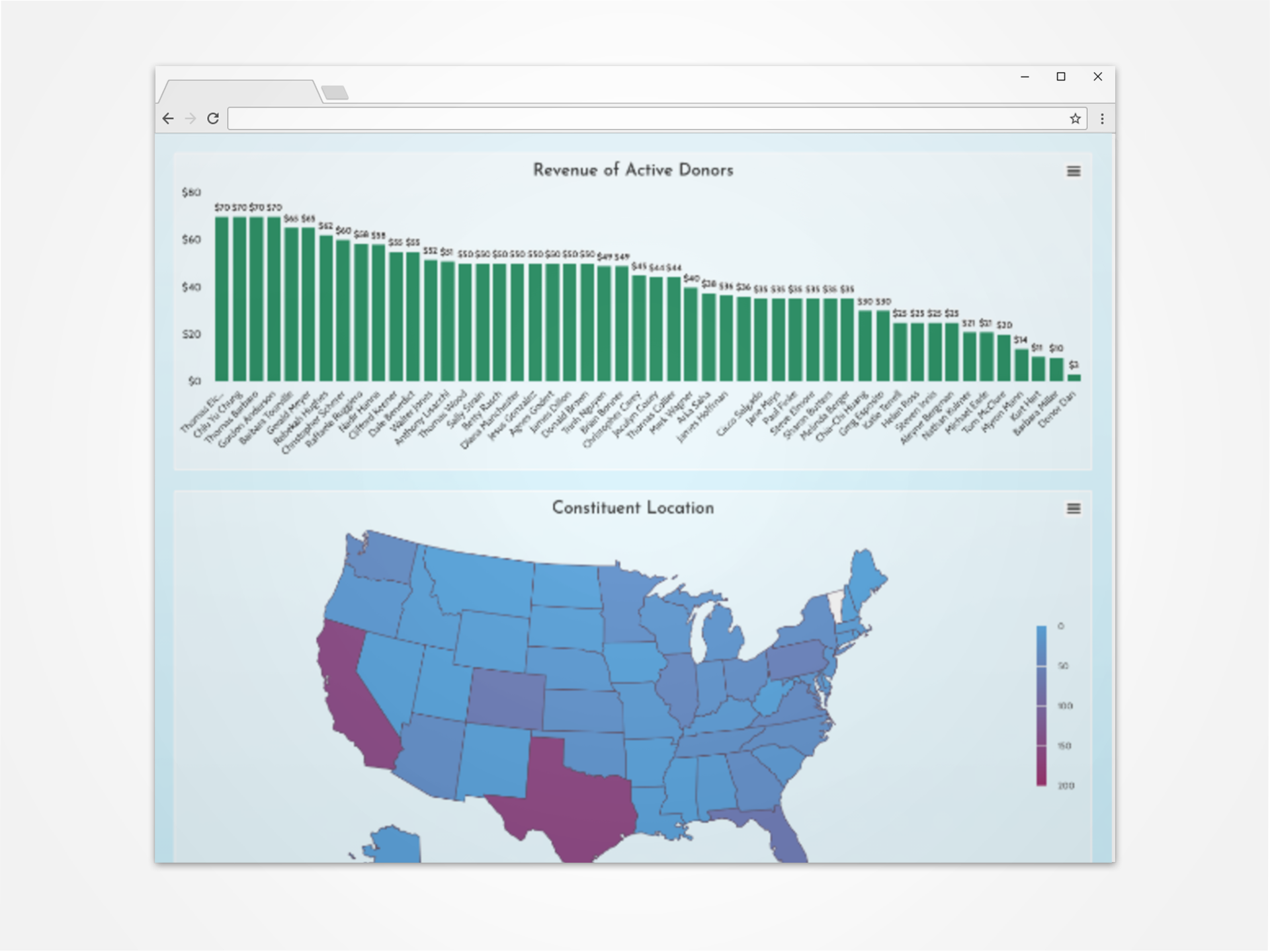 mockup of major donor revenue and location charts